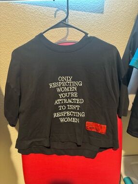 CHNGE Black Cropped Tee with White Slogan and Red Logo Patch